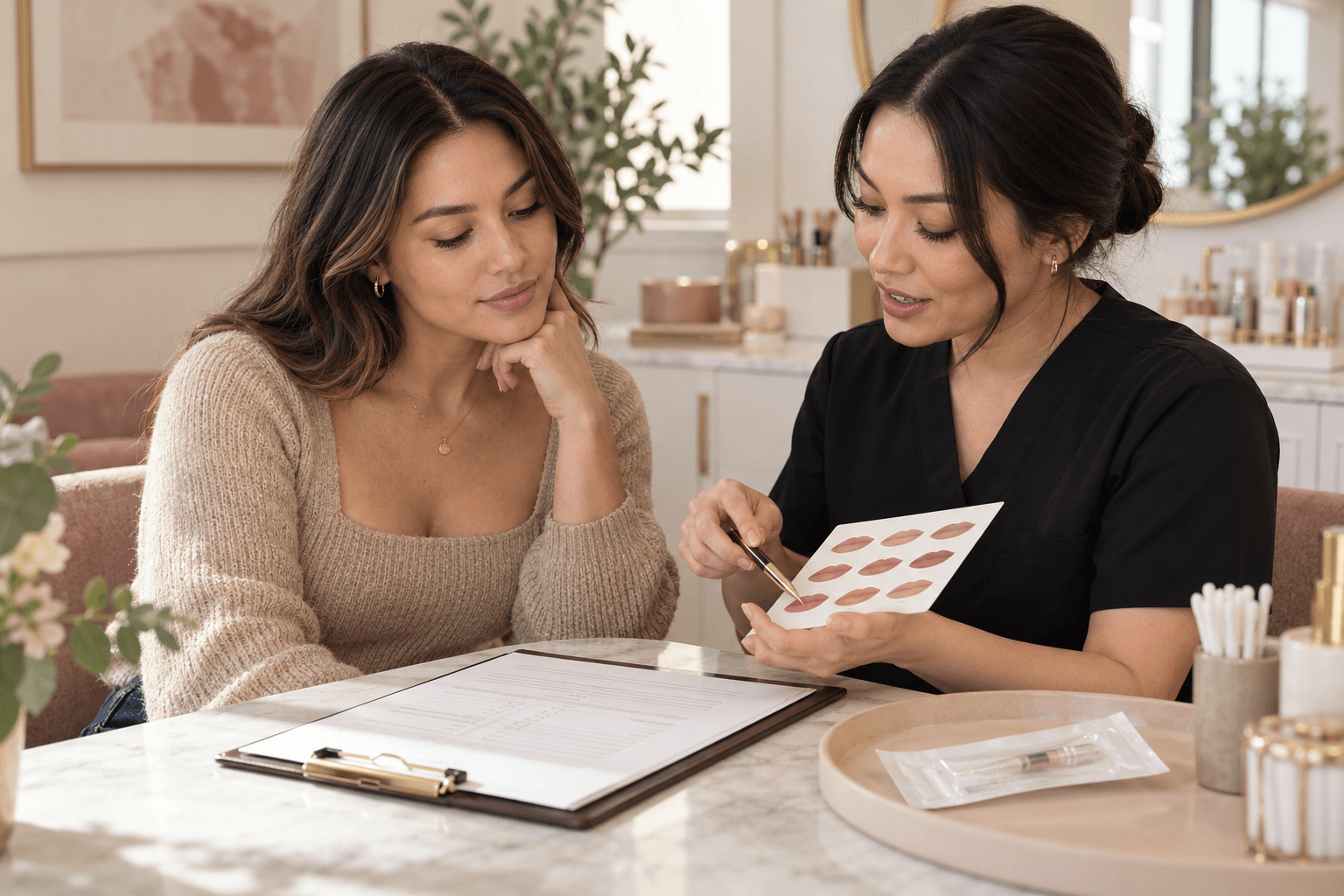 Adult client and permanent makeup practitioner reviewing lip color swatches, a health-history form and sealed single-use supplies during a consultation