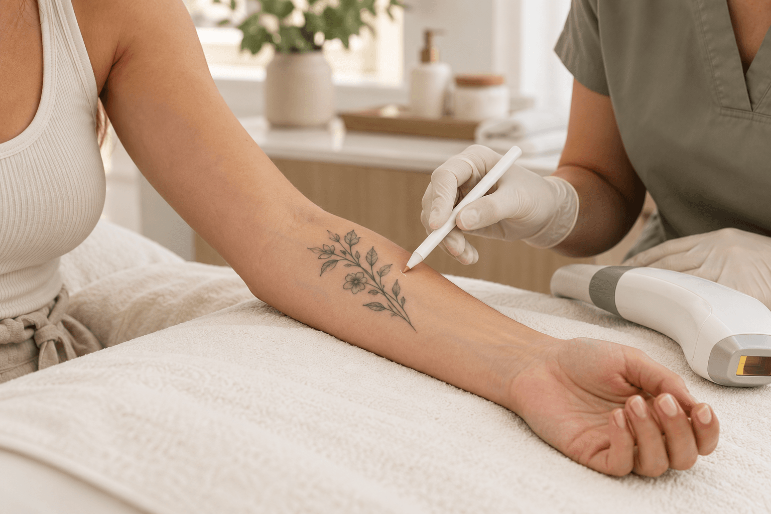 Professional marking a safety border beside a healed forearm tattoo during a laser hair-removal consultation