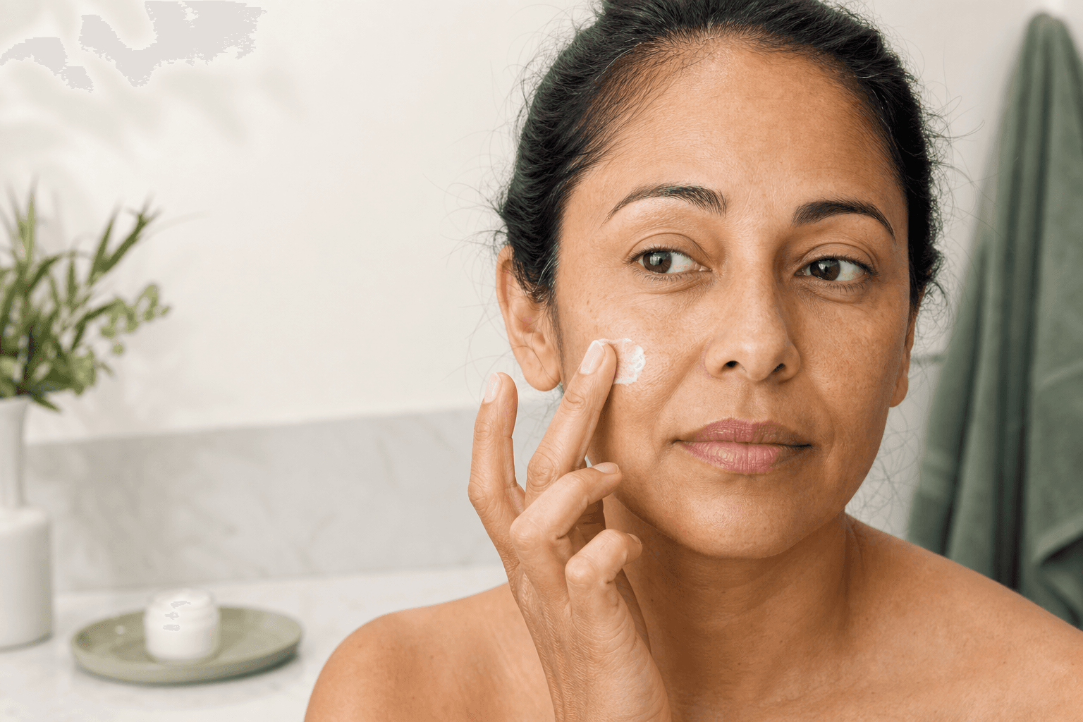 Woman applying white moisturizer to her cheek with natural skin texture visible