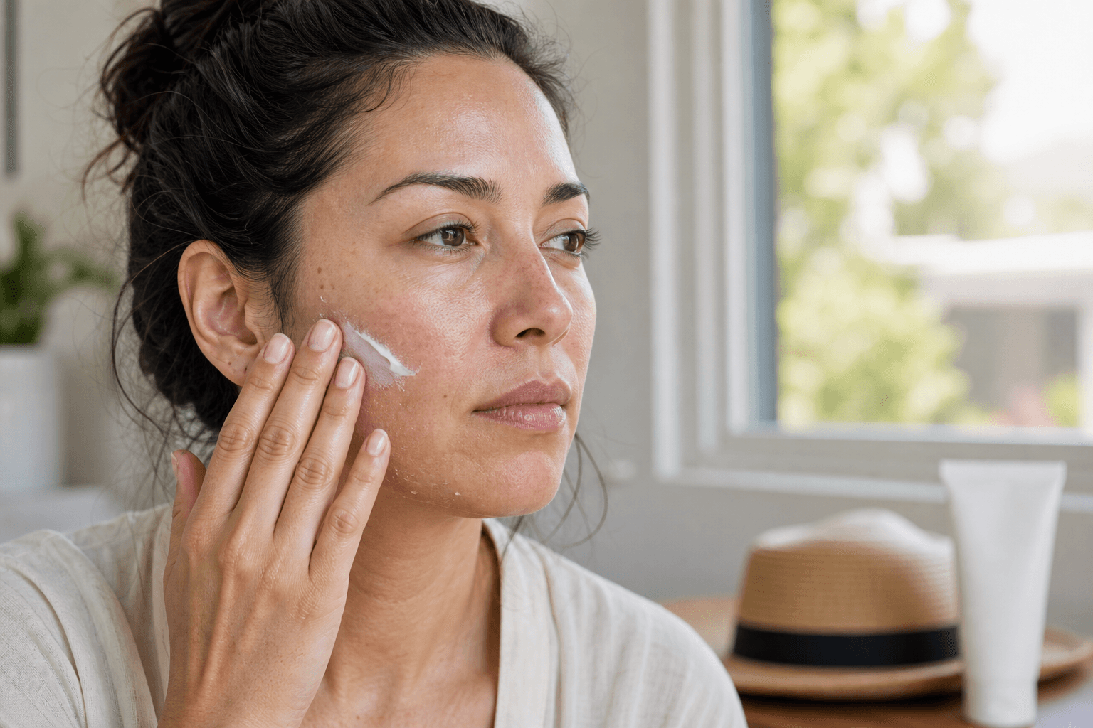 Woman applying moisturizer to mildly flaky skin after a chemical peel