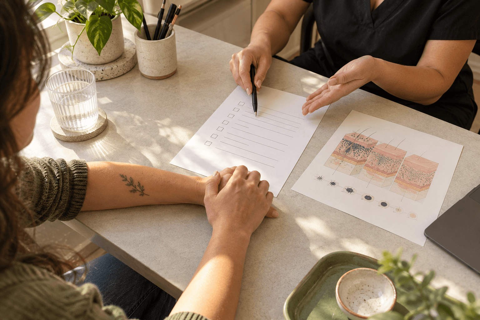 Adult with a healed forearm tattoo reviewing a checklist and skin diagram during an educational removal consultation