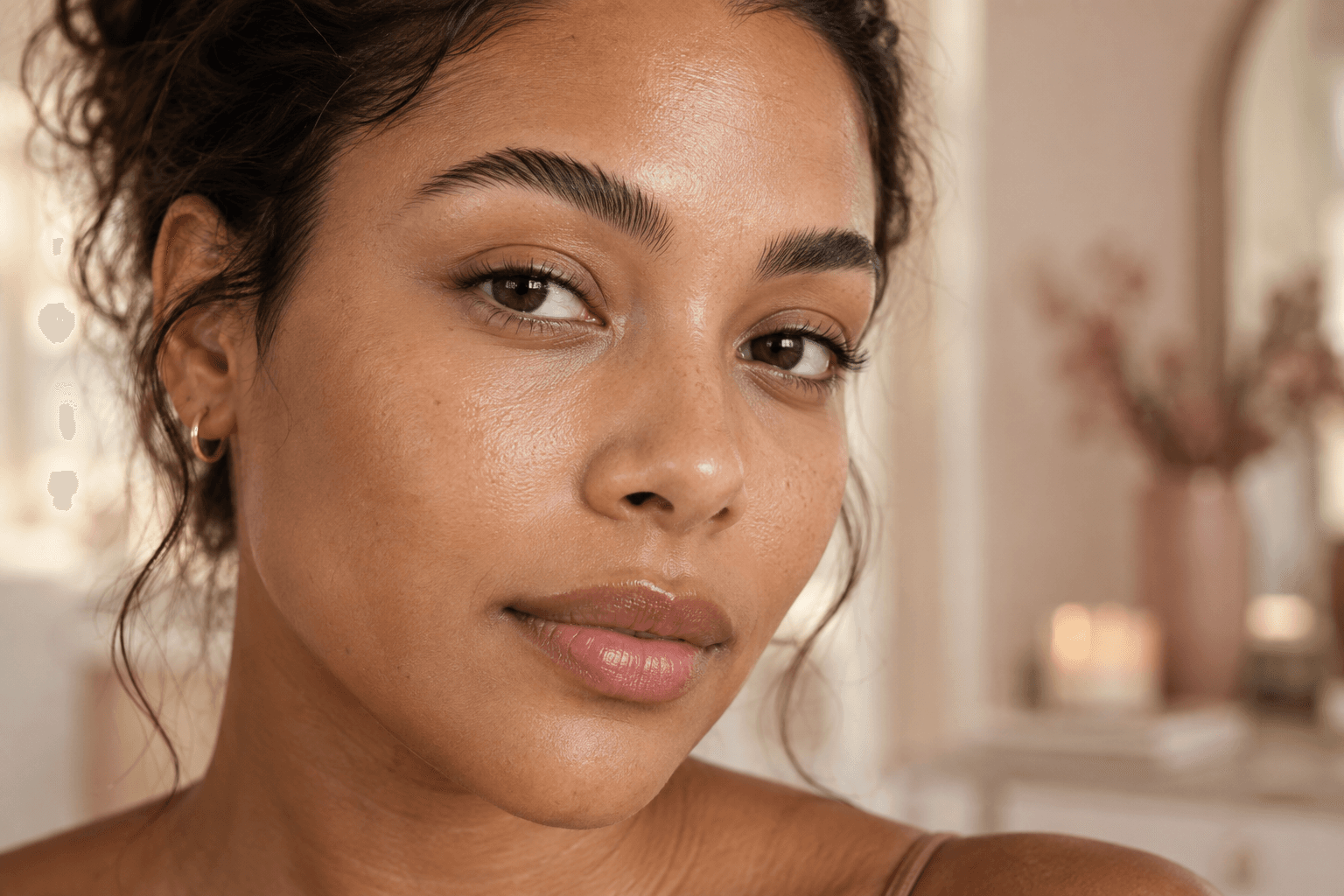 Woman with naturally groomed laminated eyebrows and visible skin texture in a softly lit beauty studio