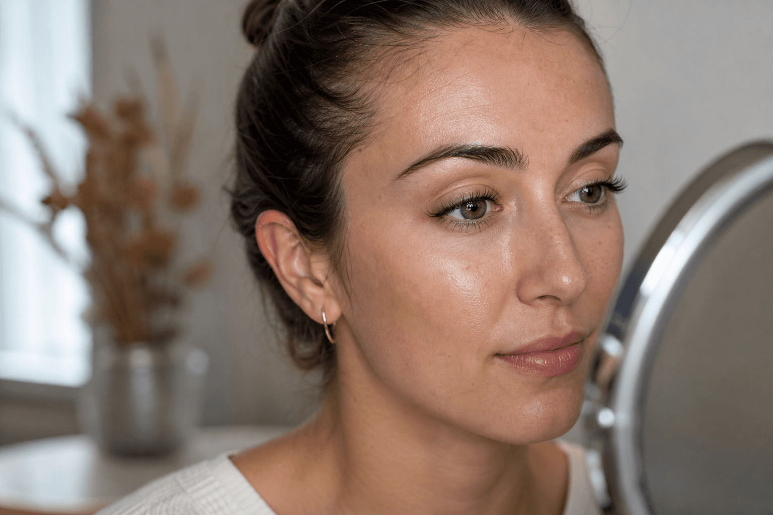 Woman examining lightweight eyelash extensions in a mirror with natural skin texture visible