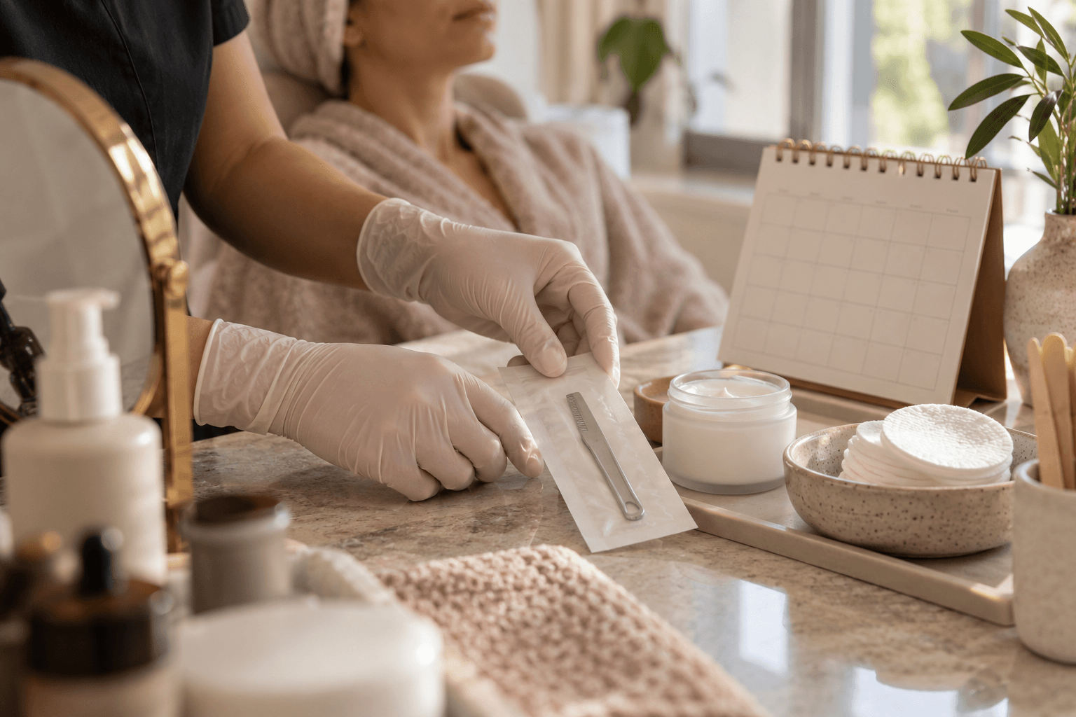 Editorial image of gloved hands arranging a dermaplaning tool wrapper beside a blank appointment calendar