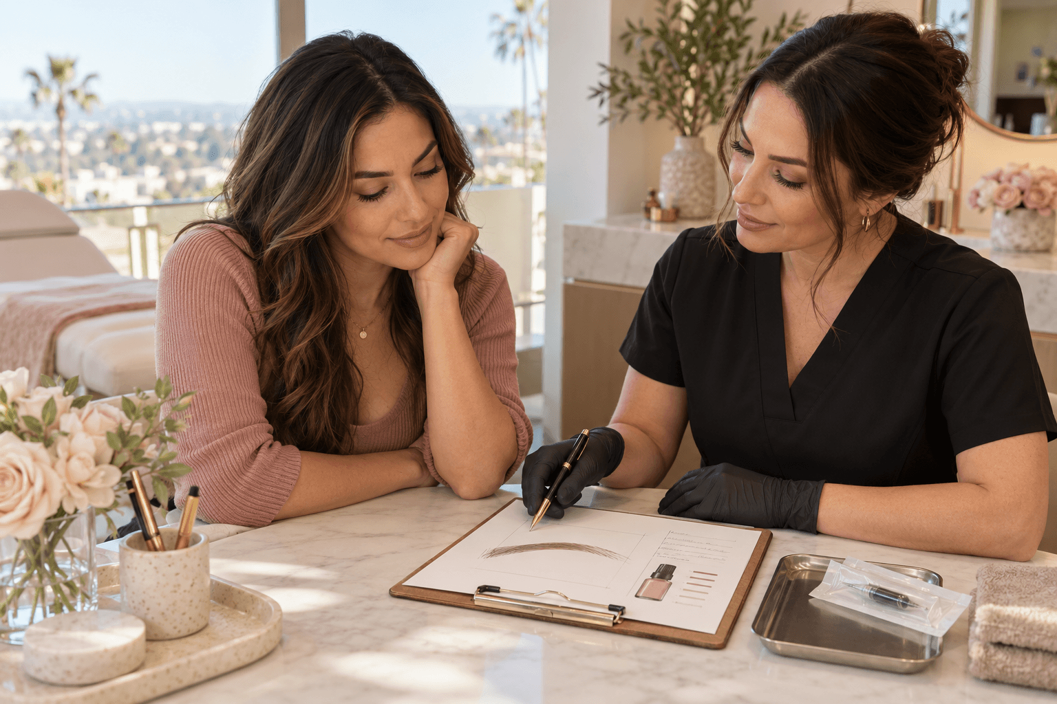 Adult client and permanent makeup practitioner reviewing a brow design, pigment record and sealed single-use cartridge during a consultation