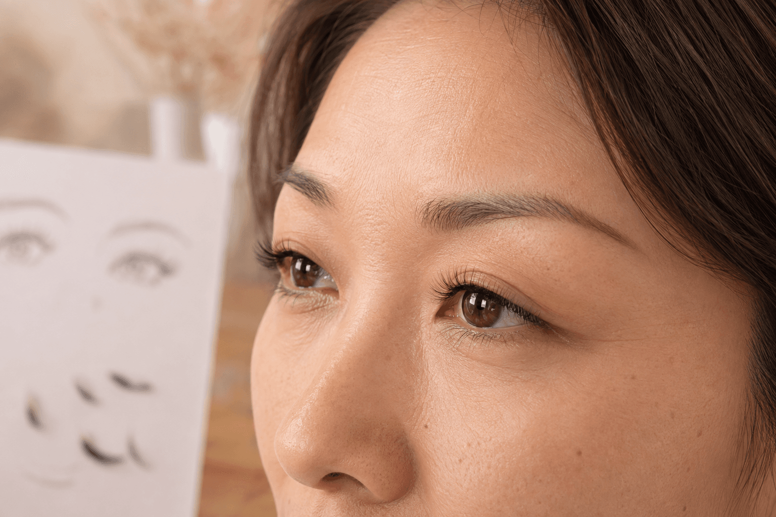 Woman wearing a natural-looking customized eyelash extension set during a consultation