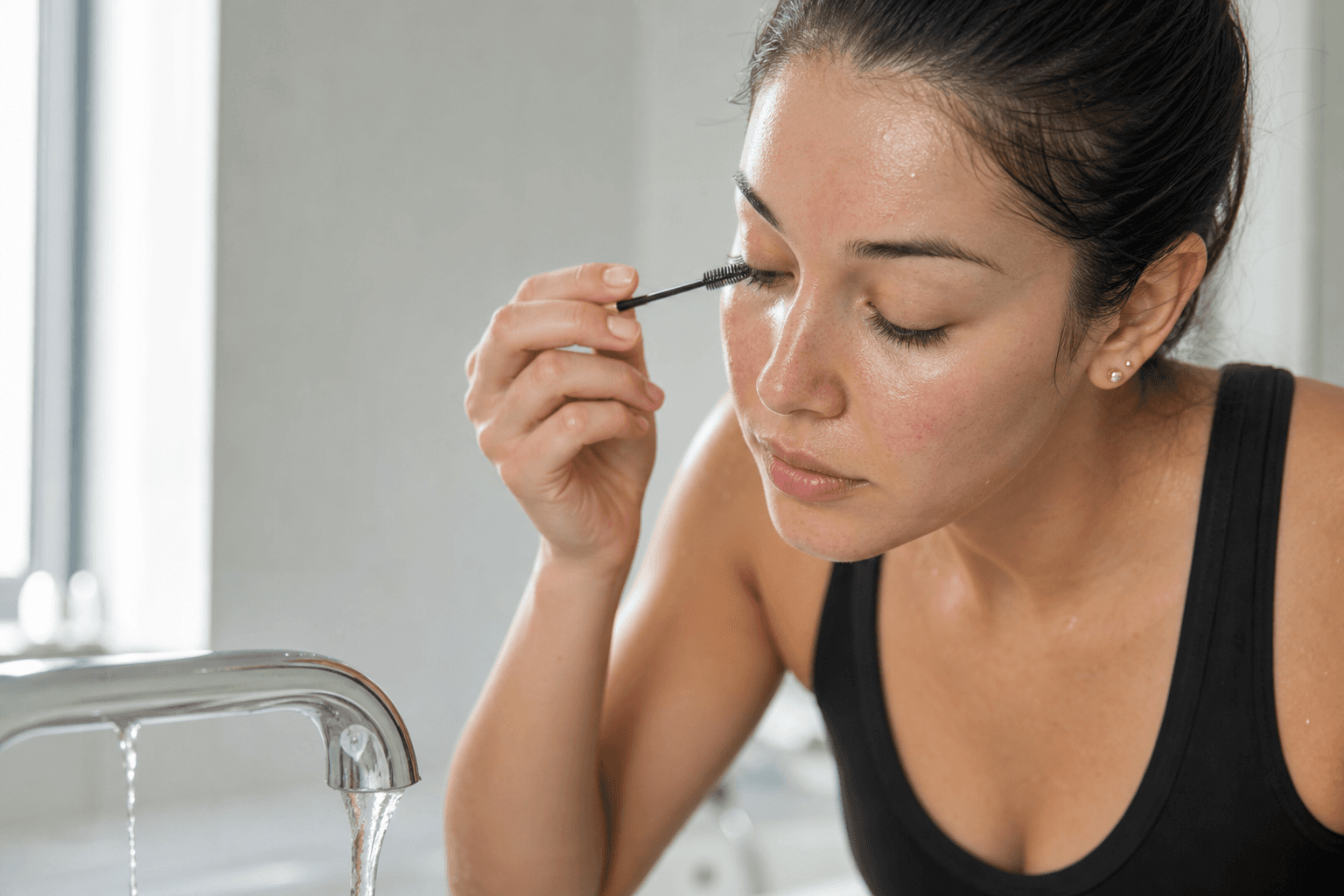 Woman gently brushing damp eyelash extensions after exercise