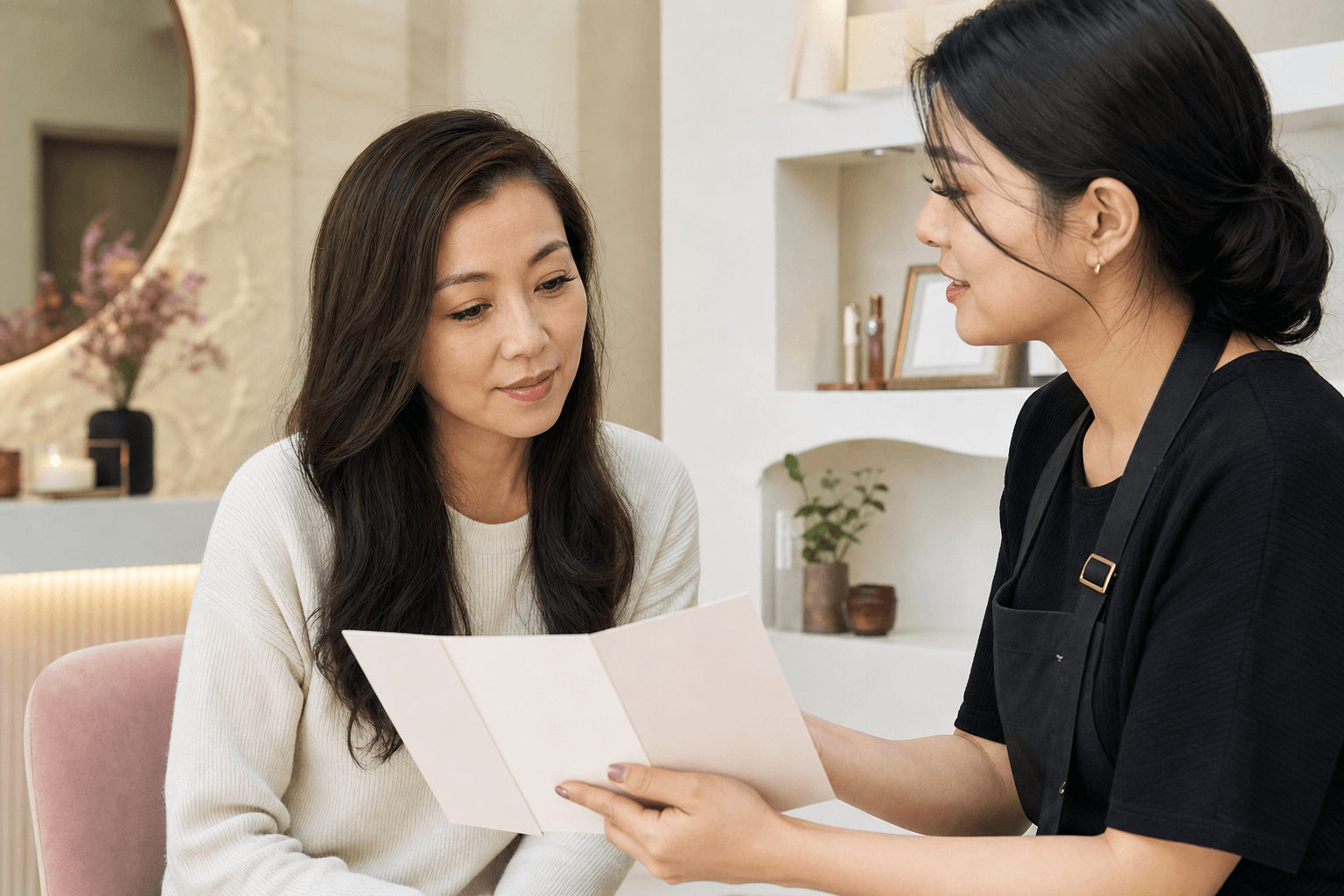 Client reviewing a lash service menu with a beauty professional in a calm studio