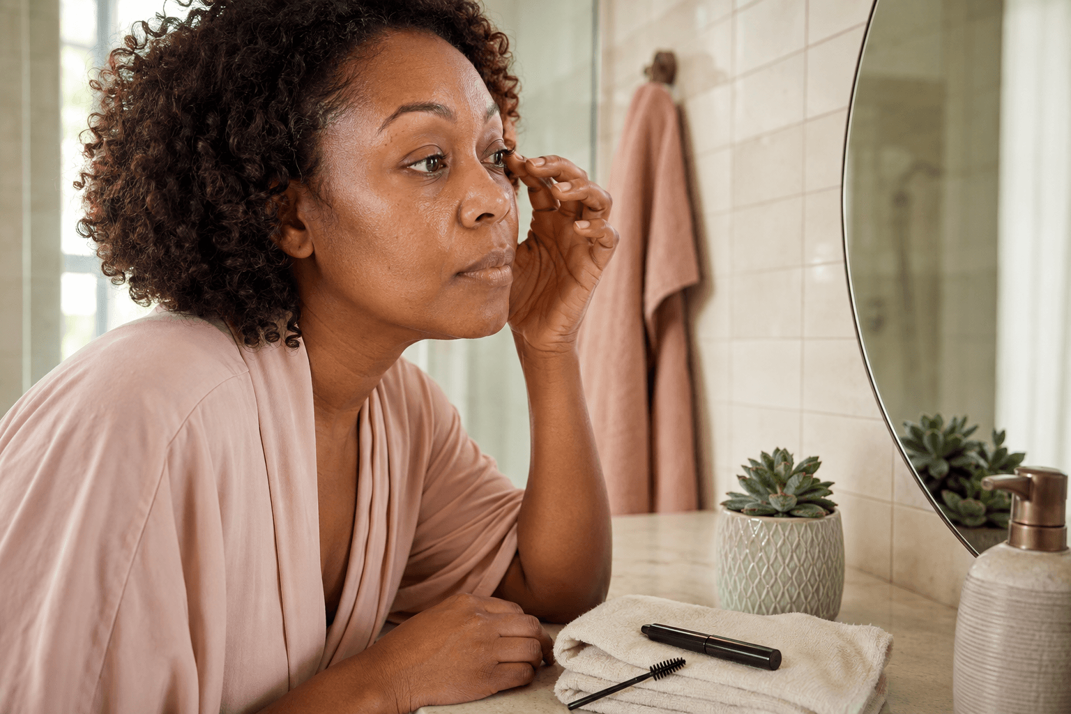 Woman checking naturally lifted lashes in a bathroom mirror before cleansing