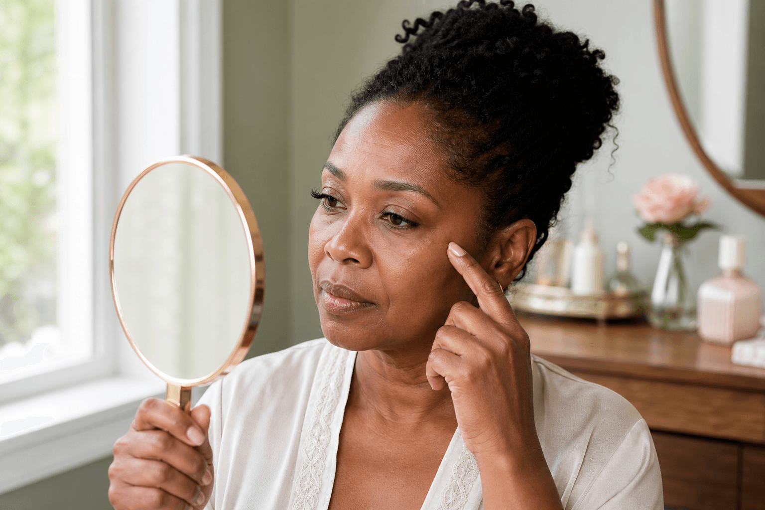 Woman calmly checking her eye area in a handheld mirror after a lash appointment