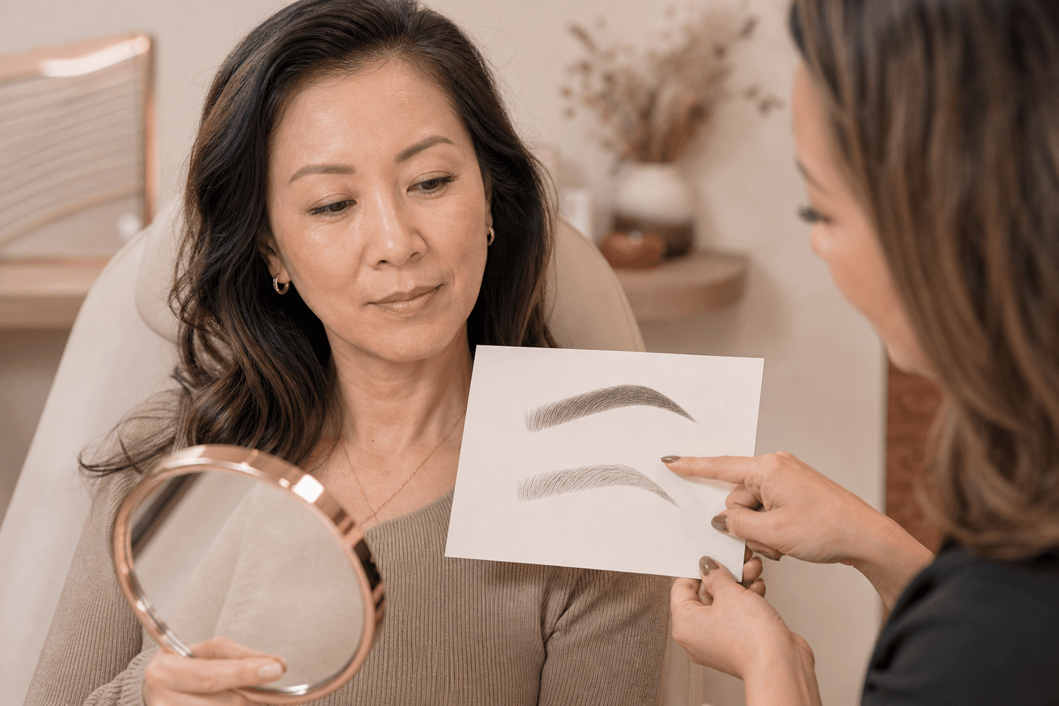 Woman comparing soft-shaded and hair-stroke eyebrow sketches during a consultation