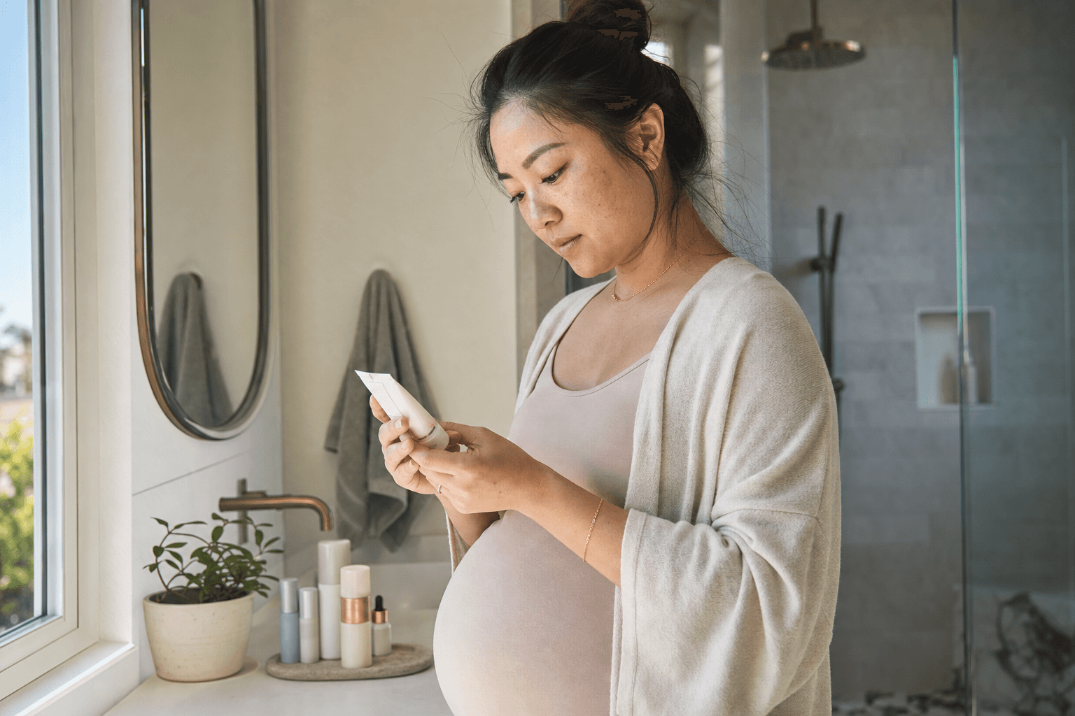 Pregnant woman reading an unbranded skin-care tube at a bathroom vanity