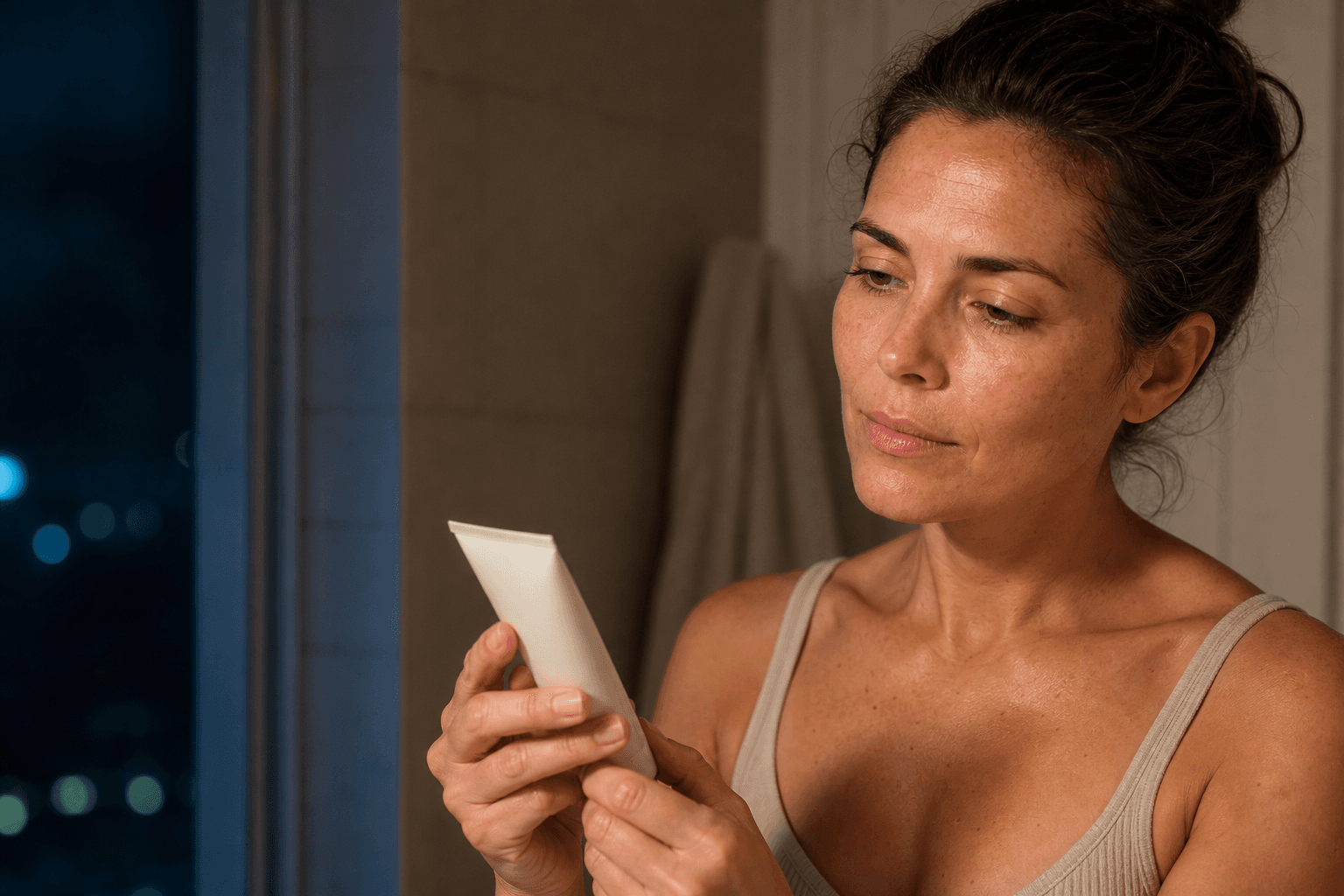 Woman reading an unbranded retinoid cream tube at night with natural skin texture visible
