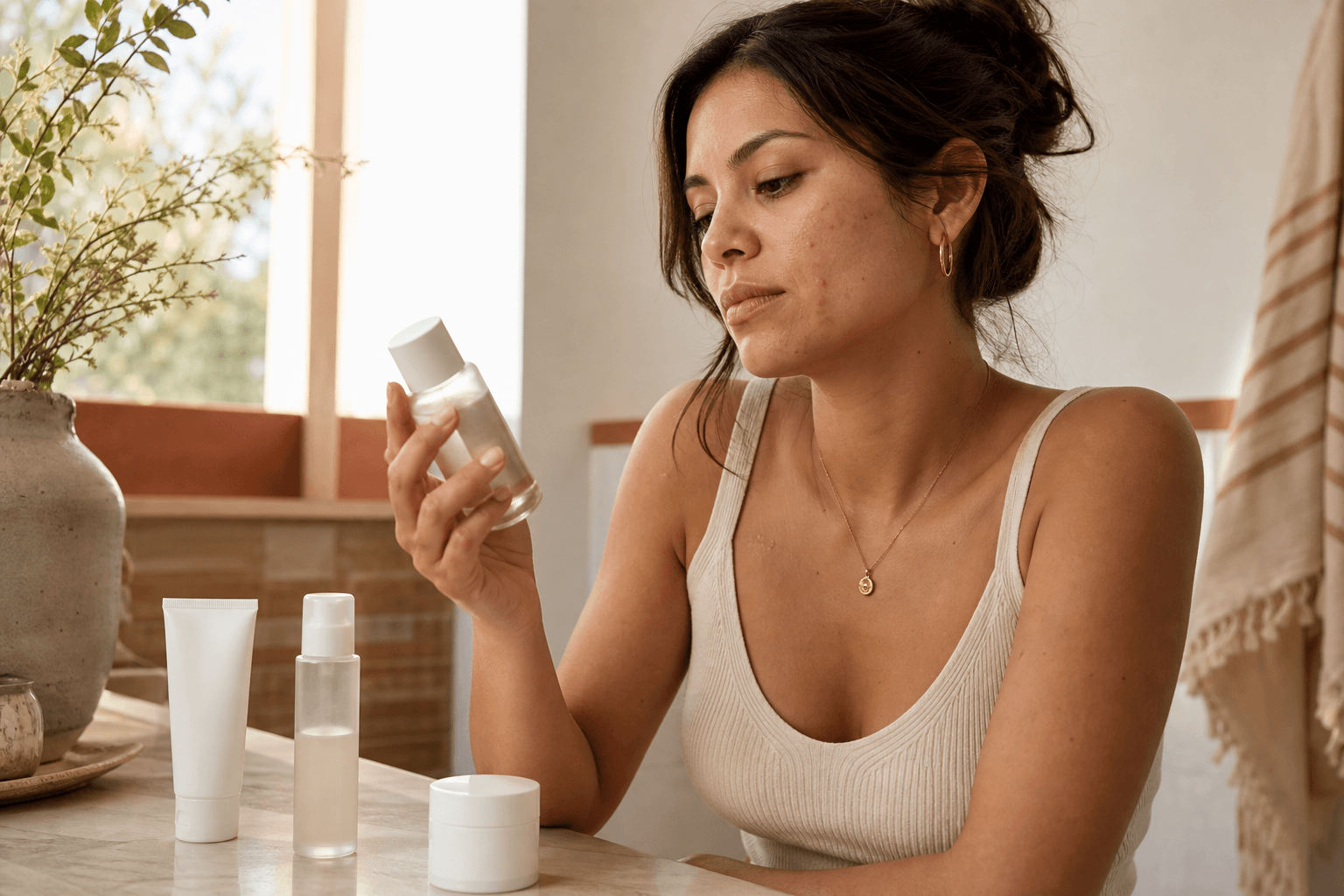 Woman with a few facial blemishes reviewing unbranded skin-care products at a vanity