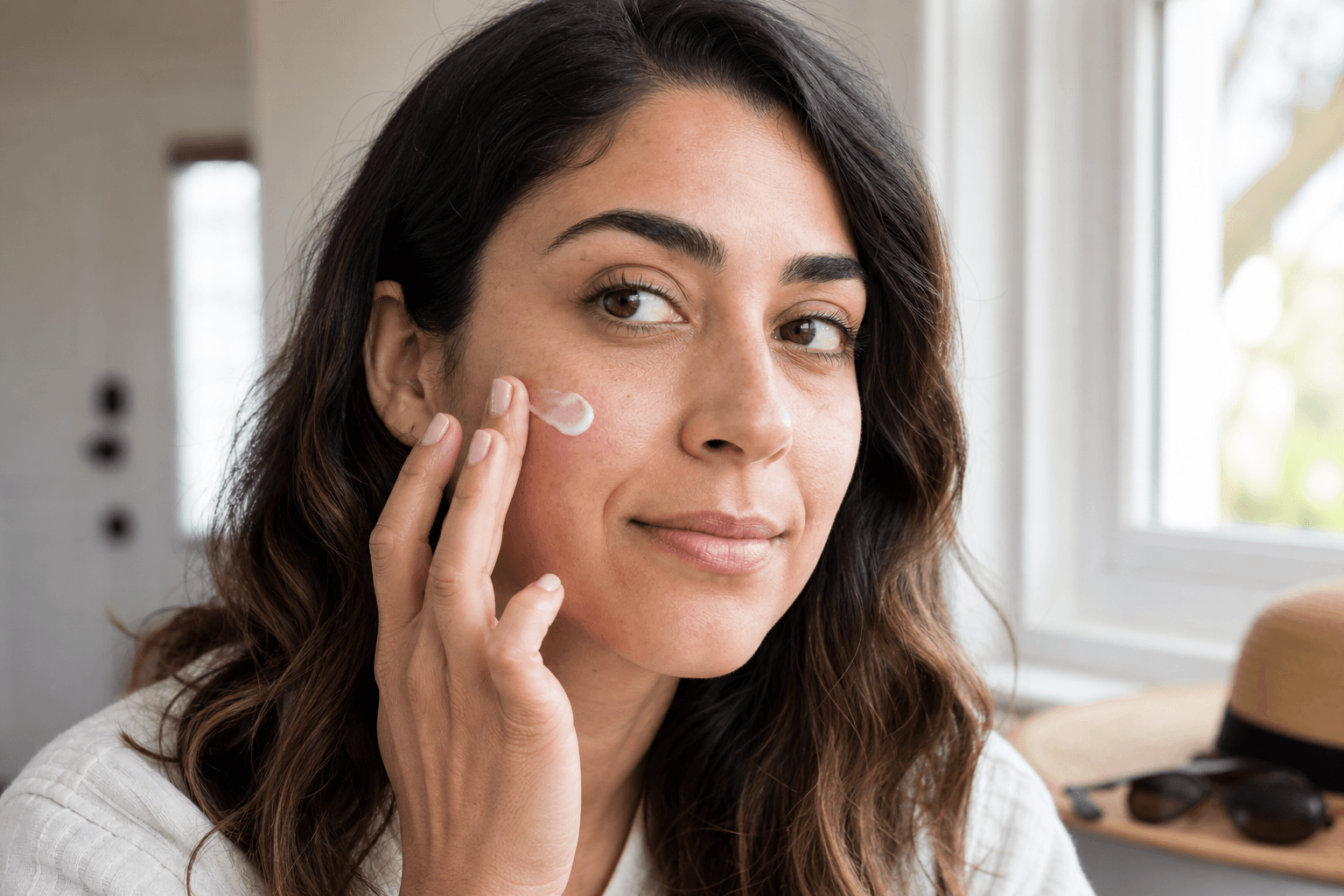 Woman applying sunscreen to her cheek in soft morning window light