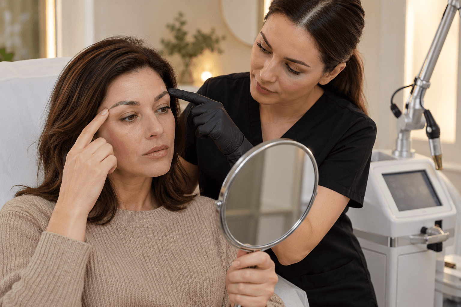 Client reviewing faded eyebrow pigment during a professional removal consultation