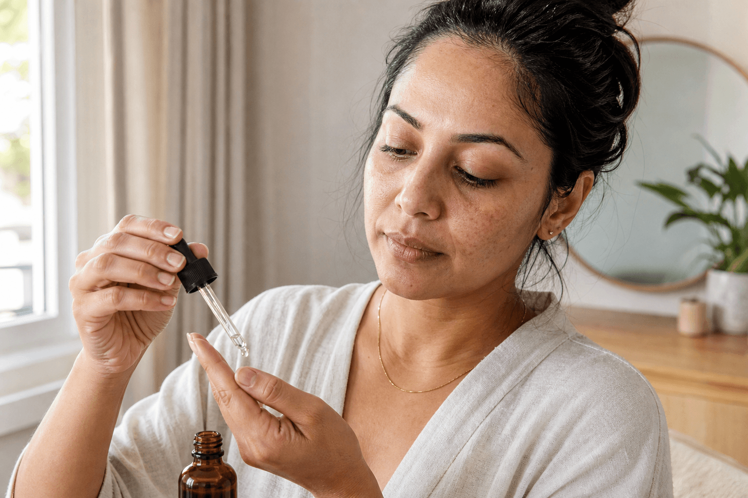 Woman dispensing clear facial serum from an amber dropper onto her fingertip in morning light