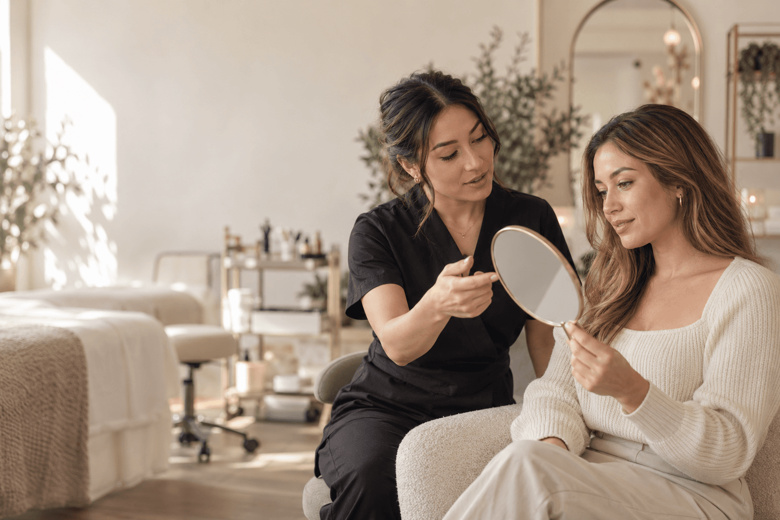 Adult client and lash artist discussing a lash plan with a handheld mirror during a consultation in a bright beauty studio
