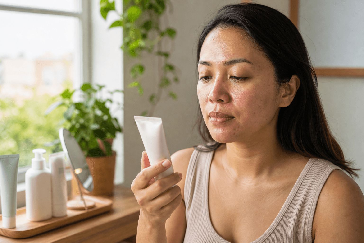Woman reading an unbranded azelaic acid cream tube beside a simple morning skin-care routine