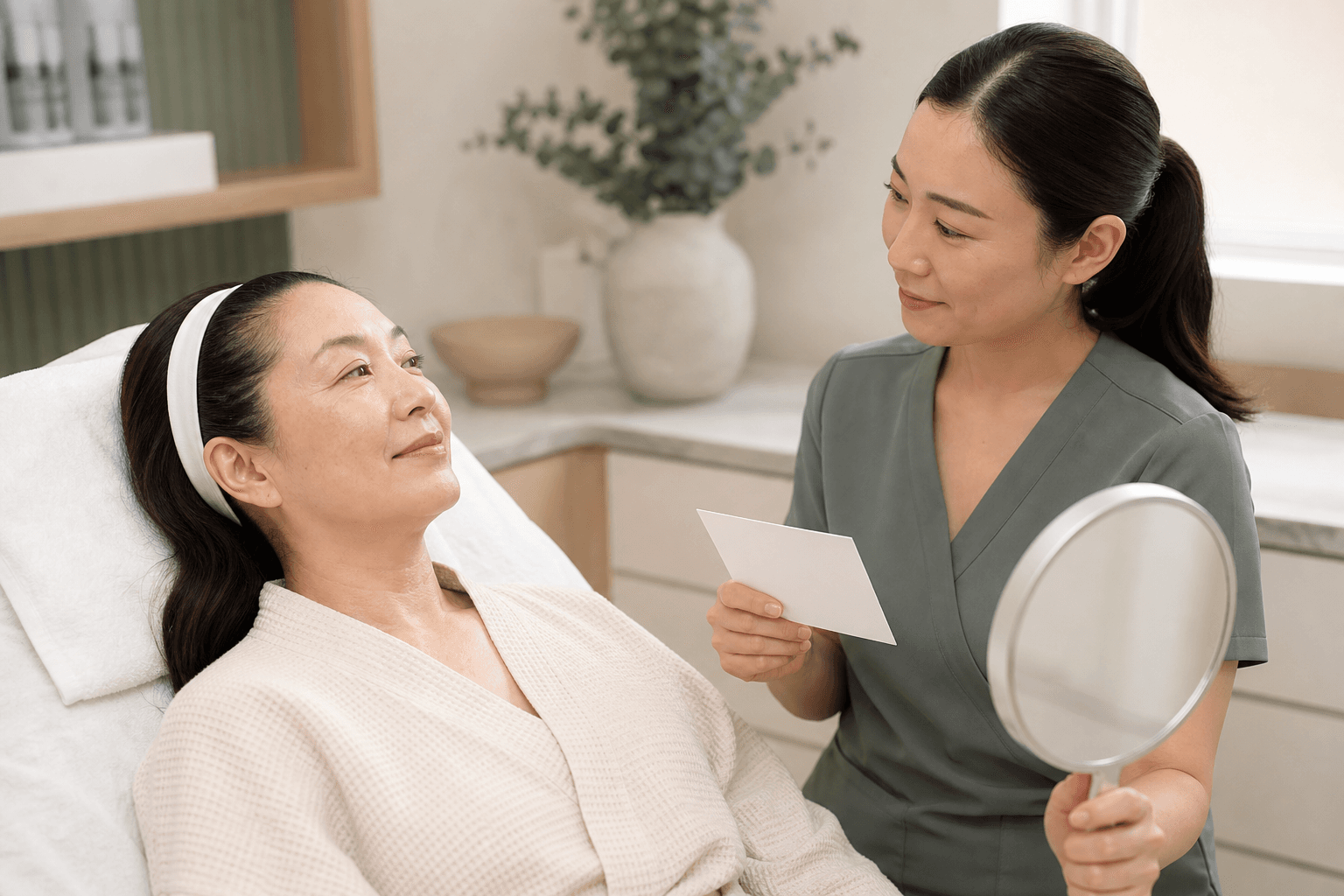 Woman reviewing her skin in a mirror with a facial professional after a gentle treatment