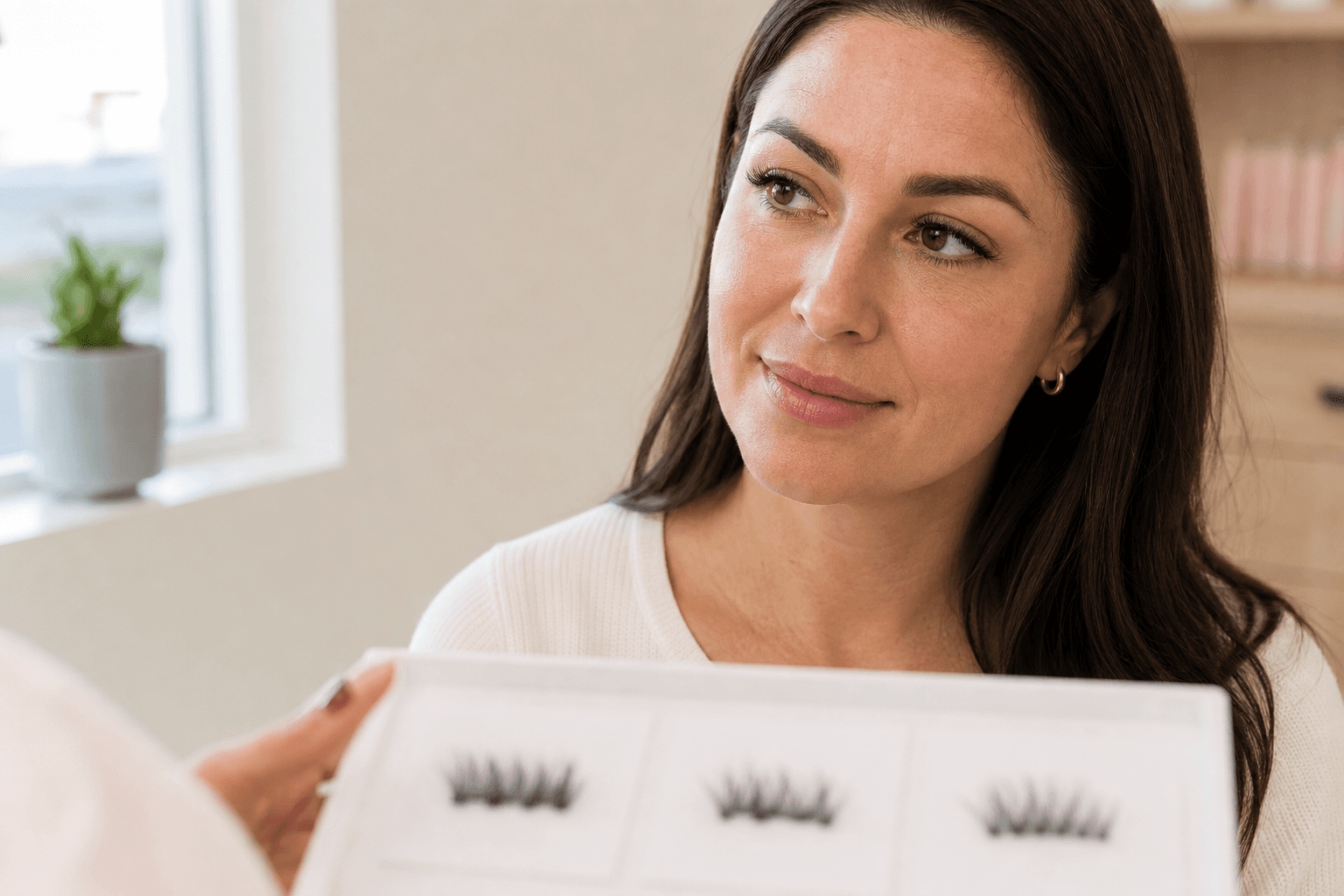 Woman reviewing three eyelash extension styles during a beauty consultation