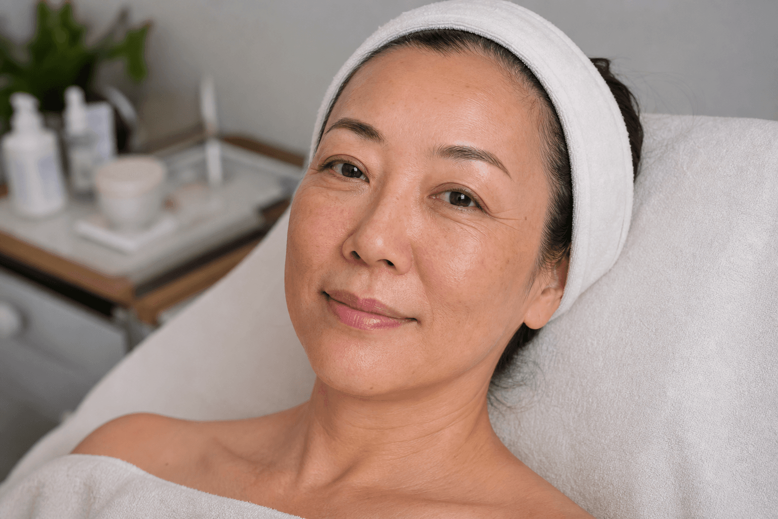 Woman resting on a facial treatment bed with visible natural skin texture