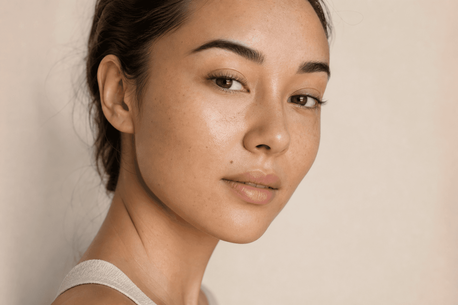 Adult woman wearing a light, natural-looking lash style against a warm cream background