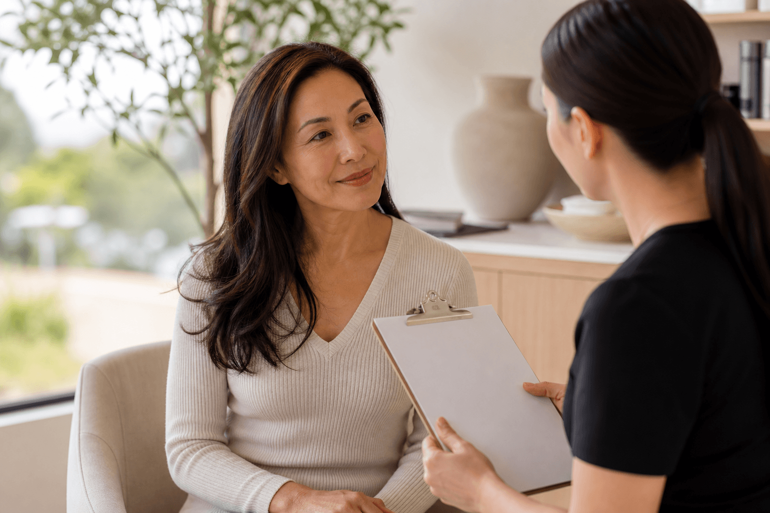 Woman discussing a facial appointment plan during a beauty consultation