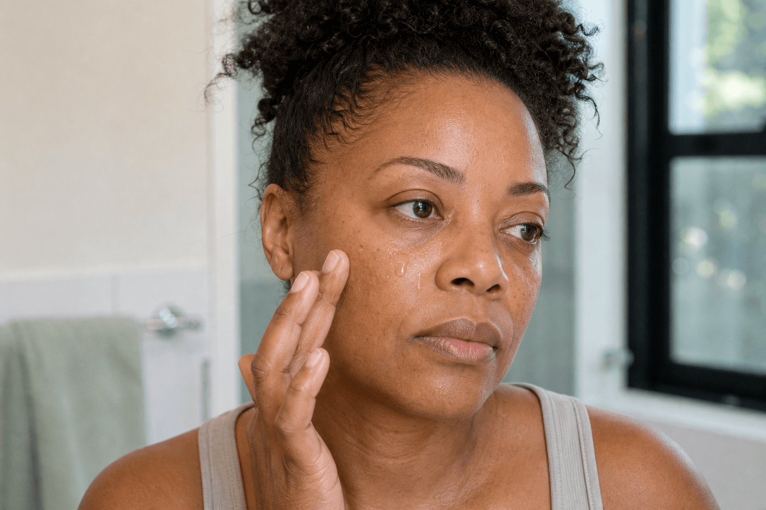 Woman applying clear hydrating serum to her cheek with visible natural skin texture