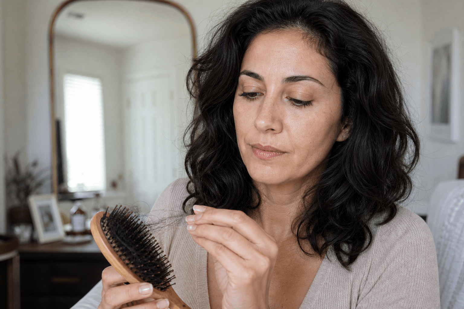Woman calmly examining a few shed hairs in a wooden hairbrush