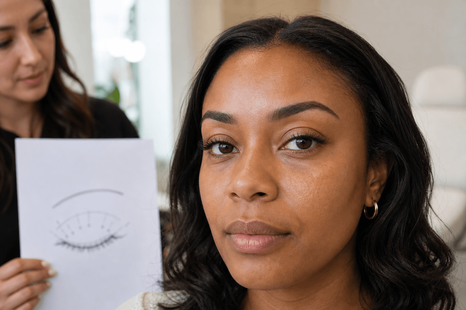 Woman with hooded eyelids reviewing a lash mapping sketch during a consultation