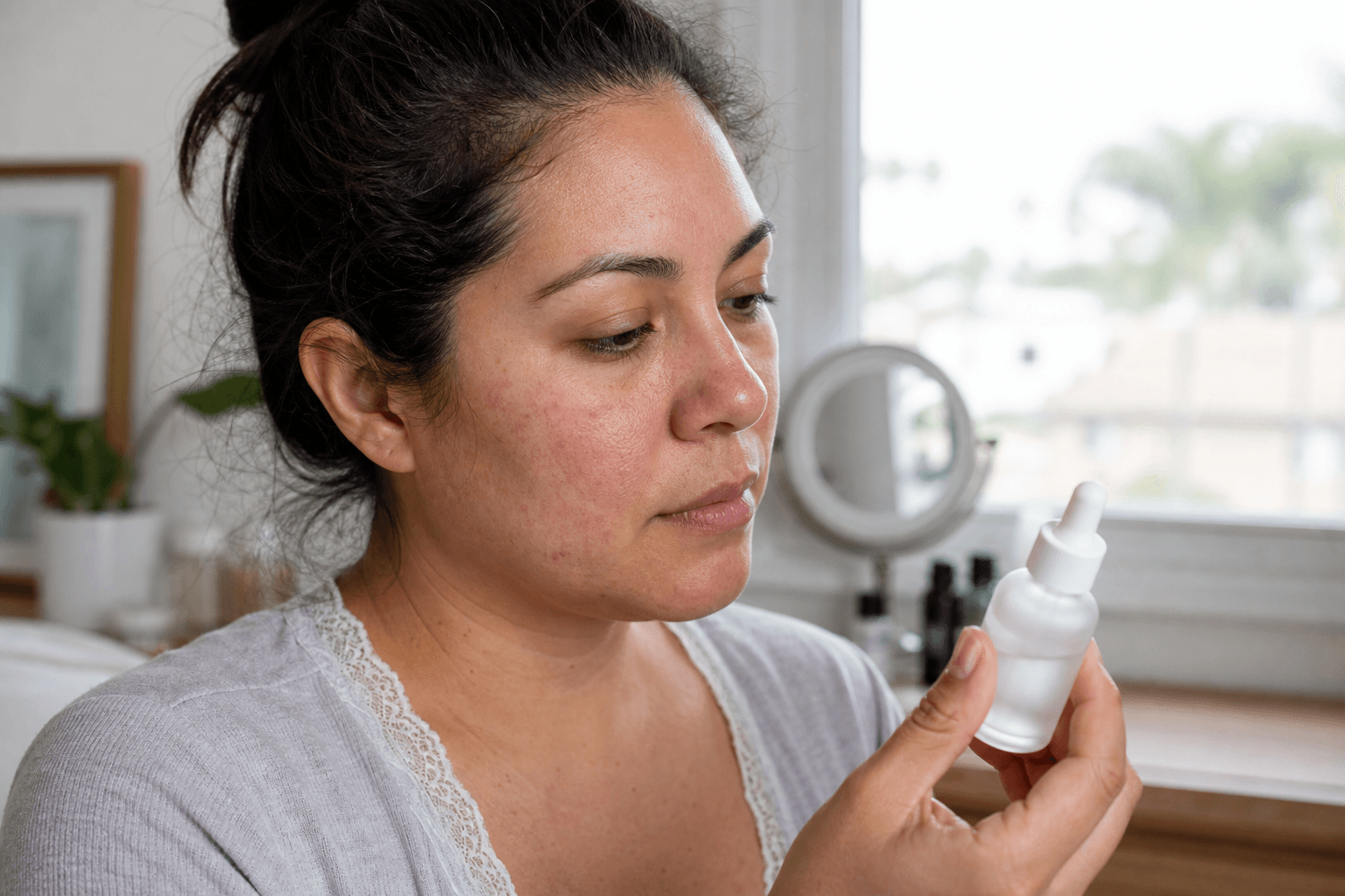 Woman reading a plain serum bottle beside a window with natural skin texture visible