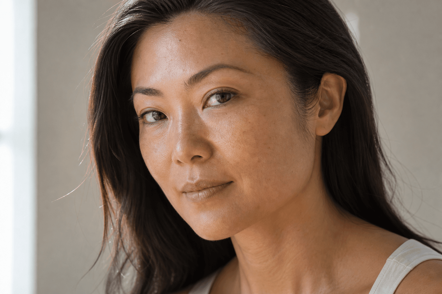 Close portrait of a woman in window light showing natural pores, fine lines, freckles, and healthy skin texture